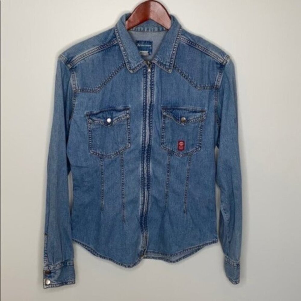 Vintage Acquaverde jean shirt slim fitted long sleeve snaps zipper size Small